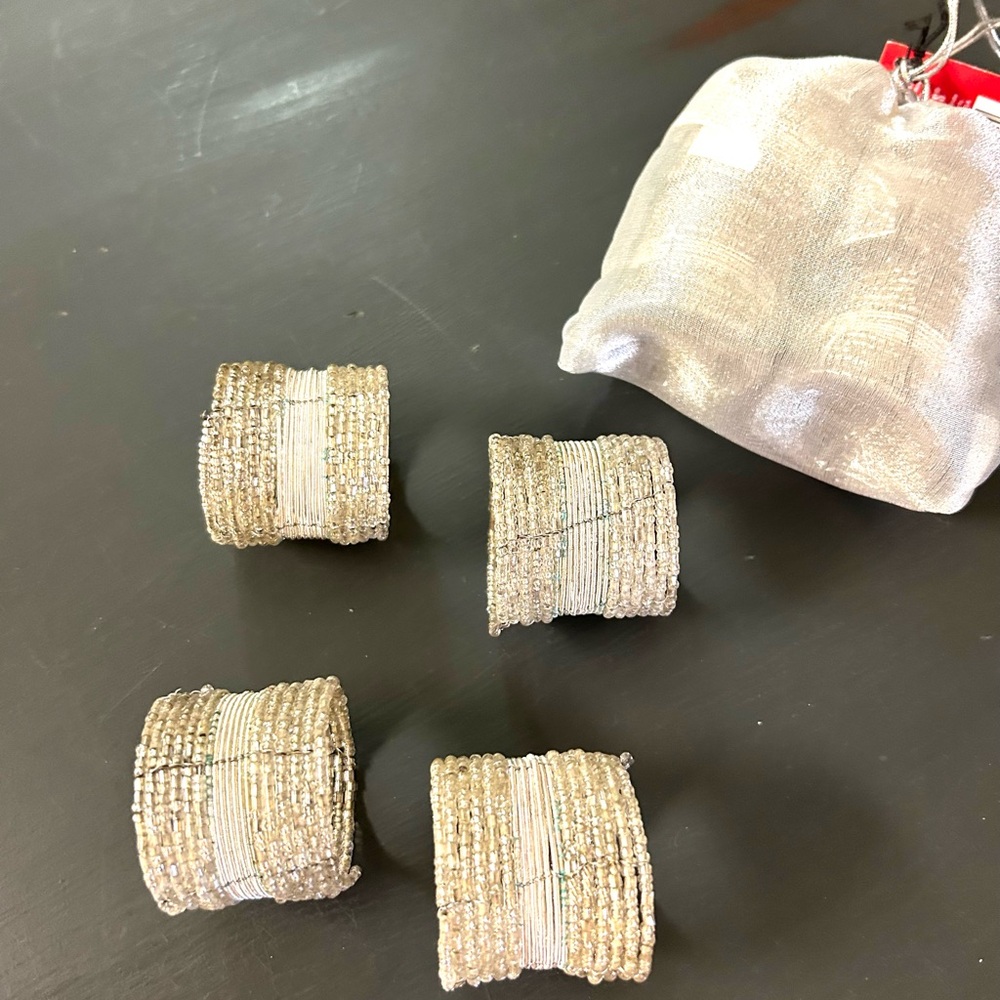 Silver Beaded Napkin Rings PIER 1 Imports -NEW in Bag -Set Of 8 - Round